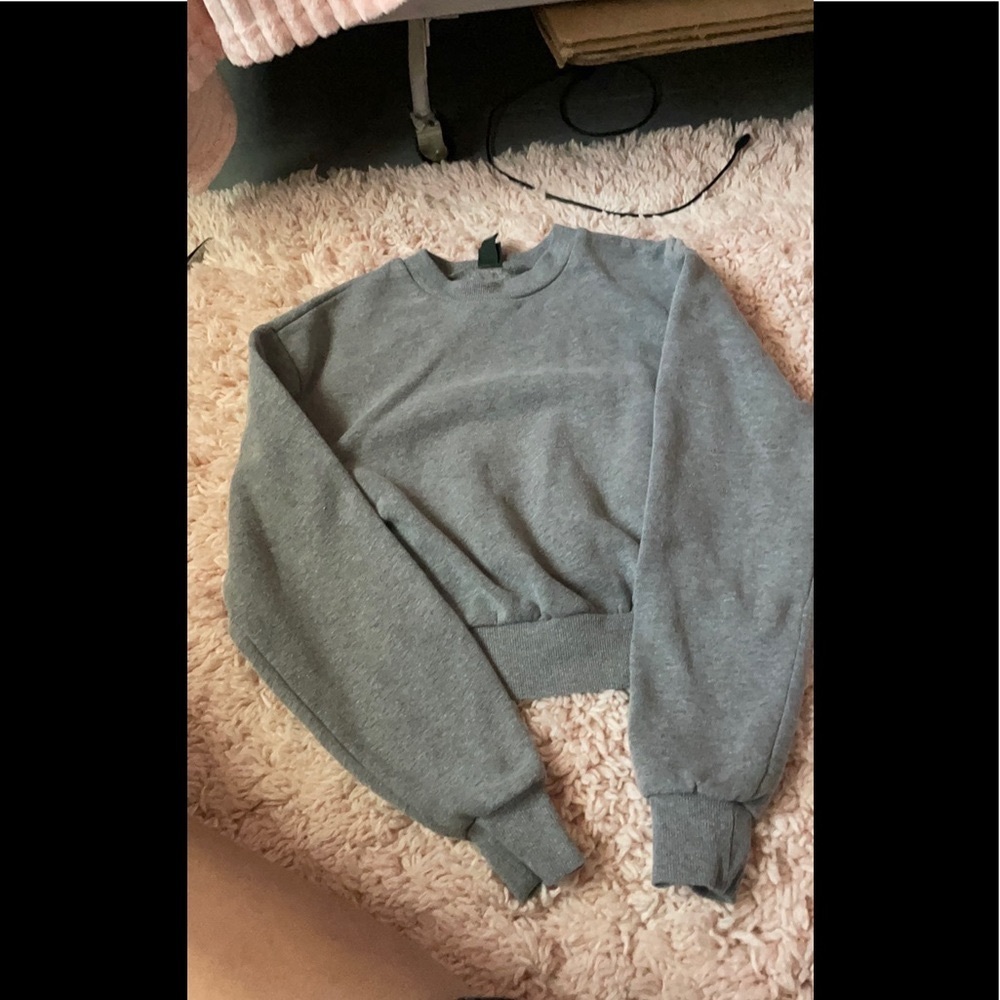 Gray crop top sweater.
